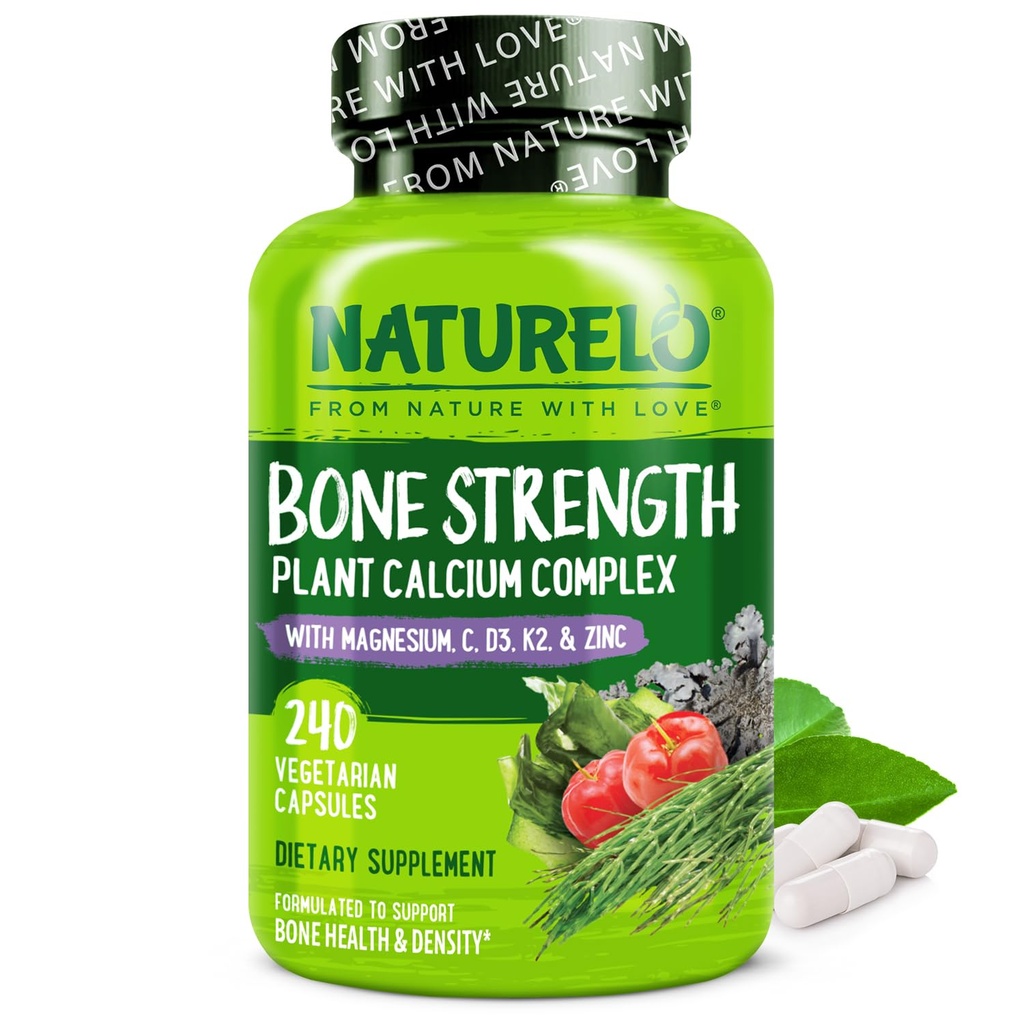 NATURELO Suplemento de cálcio - com vitamina C, vitamina D3, K2 e zinco de magnésio de cálcio para a força óssea com cálcio 600mg - com base em plantas, 240 cápsulas vegetarianas, sem OGM, soja e sem glúten