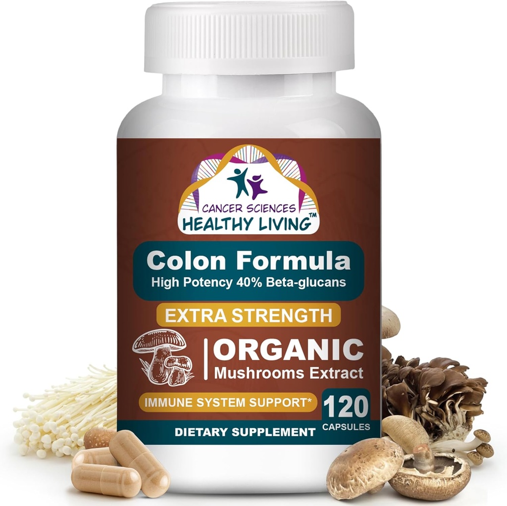 Cancer Sciences Colon Wellness Supplement, USDA Certified Organic Mushrooms Extract, Força Extra 1.500 mg, Alta Potência 40% Beta-Glucans, Imune, Gut & Digestive, Colon Cleanse & Detox, 120 Caps