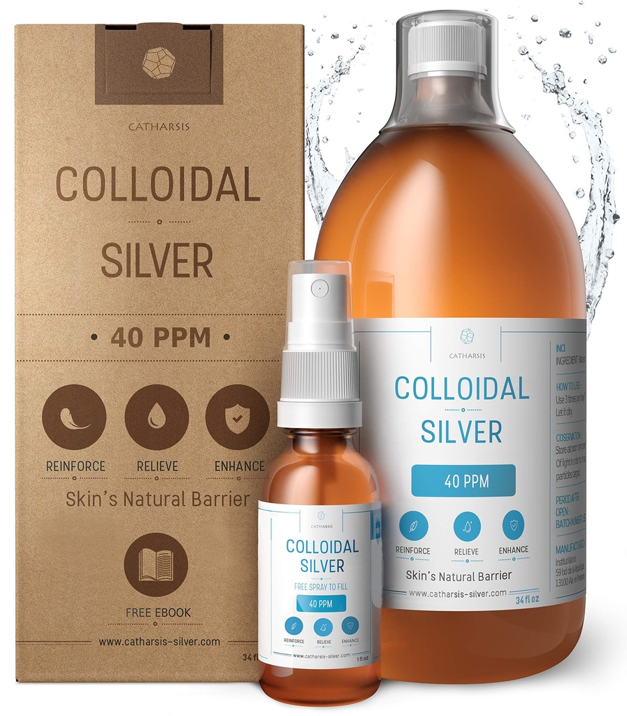 Prata Coloidal Premium ● Fórmula de concentração ideal, partículas menores, melhores resultados ● Laboratório certificado ● Prata Líquida Made in EU ● Garrafa de pulverização gratuita para preencher & Ebook (34 fl oz)