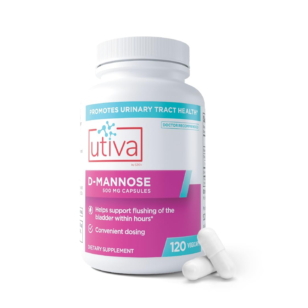 Szio+ Utiva D-Mannose 500mg Cápsulas – Naturalmente Flush A bexiga e trato urinário – Evitação de ITU – D Mannose Suplementos para Mulheres – Suporta Tratamentos de Infecção Trato Urinário, 120 Cápsulas