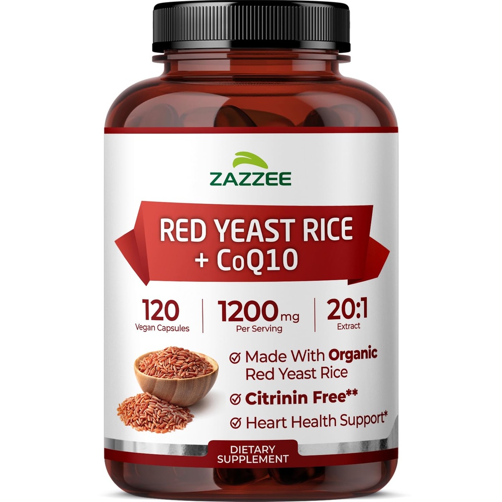 Extra força Red Levessamento Arroz com CoQ10 - 20X concentrado 1200mg Red Levessado Arroz Suplemento com Niacin CoQ 10 e BioPerine para melhor absorção - Não-GMO Vegan & Laboratório ISO testado (75 Servões)