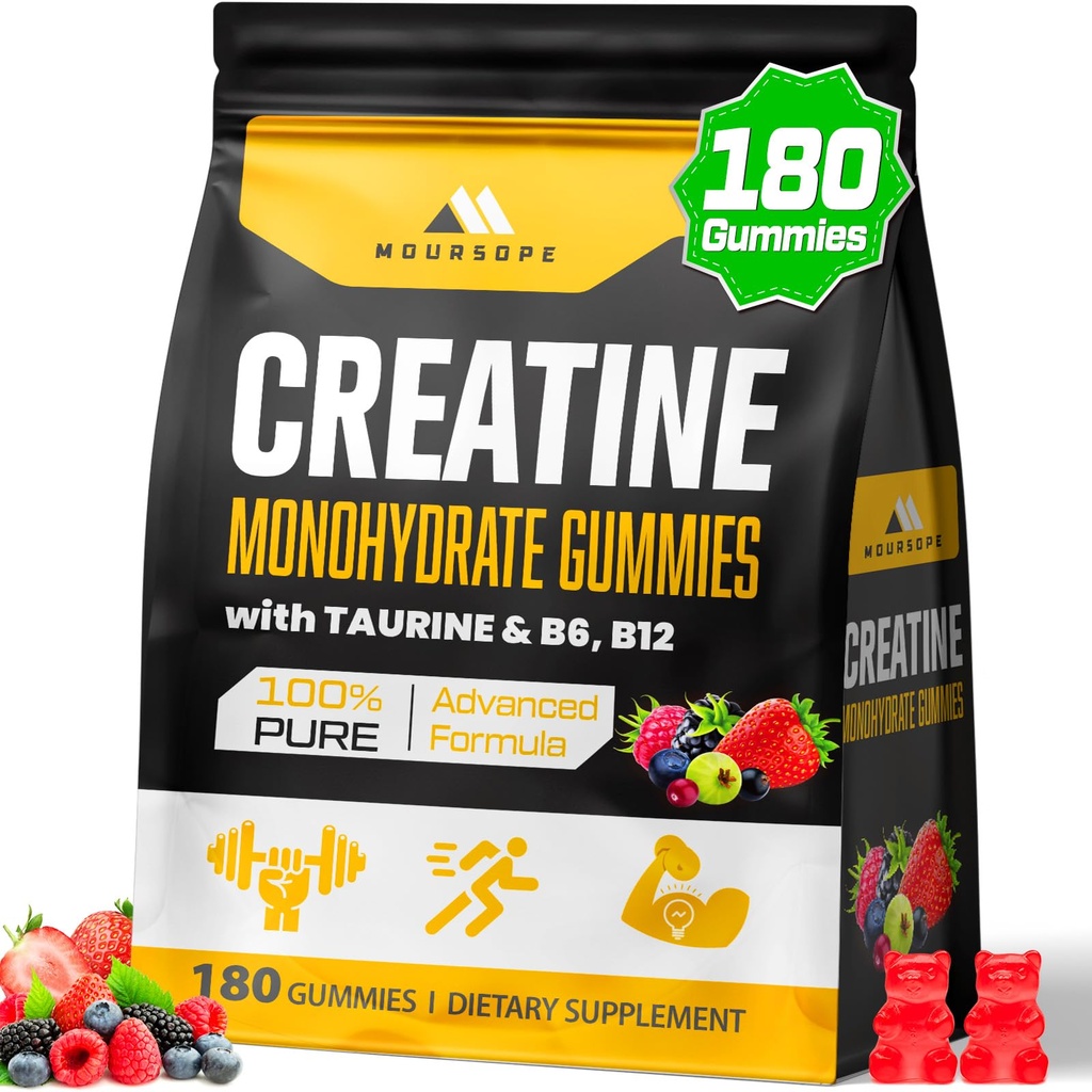 (180) Creatina Gummies mono-hidratada para homens e mulheres - Creatina pré-treino chicletes para Muscle Builder, Força muscular, Recuperação, Endurance, Energia, Creatina para mulheres e homens, Vegan, Berry misto