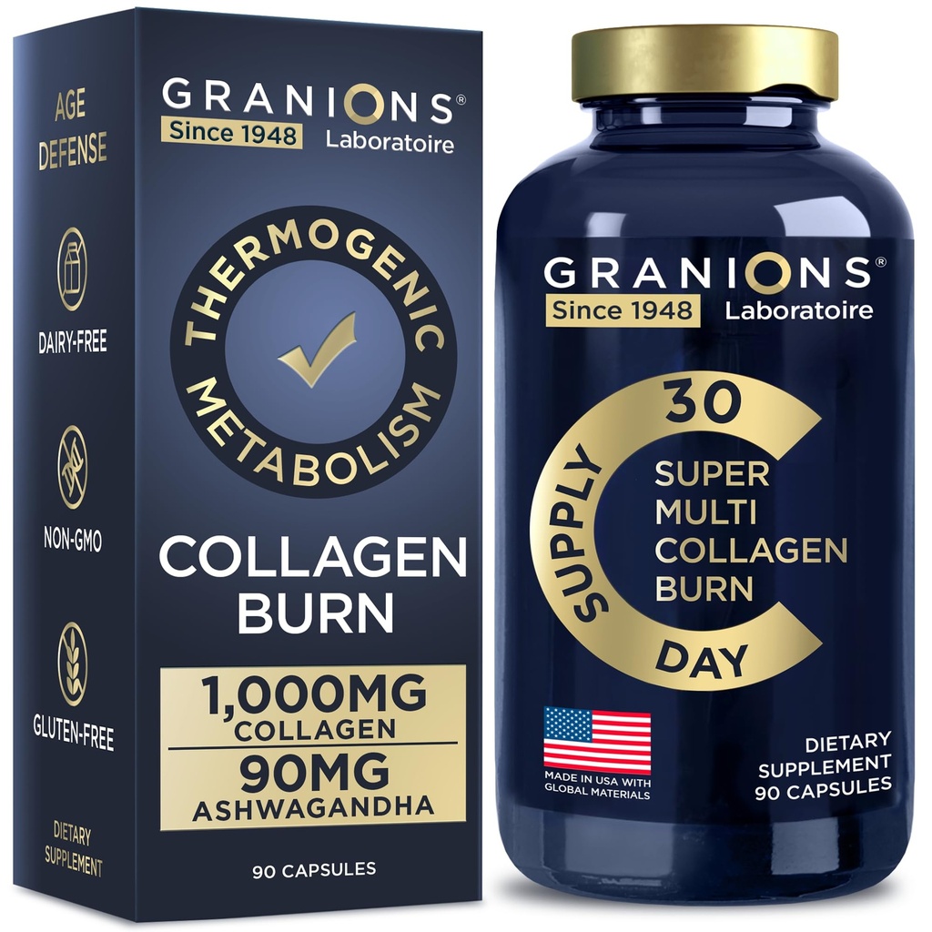 Granions Queima de Colágeno Hidrolisado Termogênico - Ácido Hialurônico, Vitamina C - Defesa de Celulite e Reparo Dermal Multi Colágeno Peptídeos Cápsulas para Mulheres e Homens - 90 Comprimidos