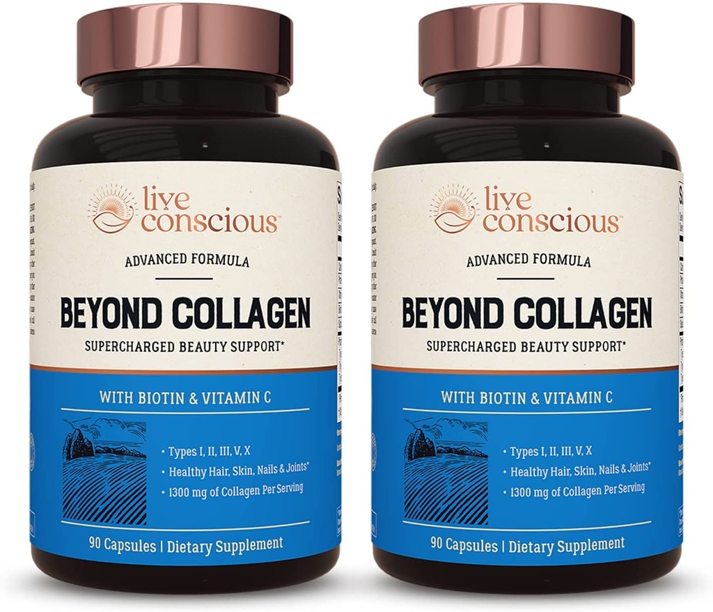 Live Conscious Beyond Collagen Multi Colágeno Cápsulas - Tipos I, II, III, V & X .; Mistura Hidrolisada com Biotina e Vitamina C para Cabelo, Pele, Pregos 90 Cápsulas (2-Pack)