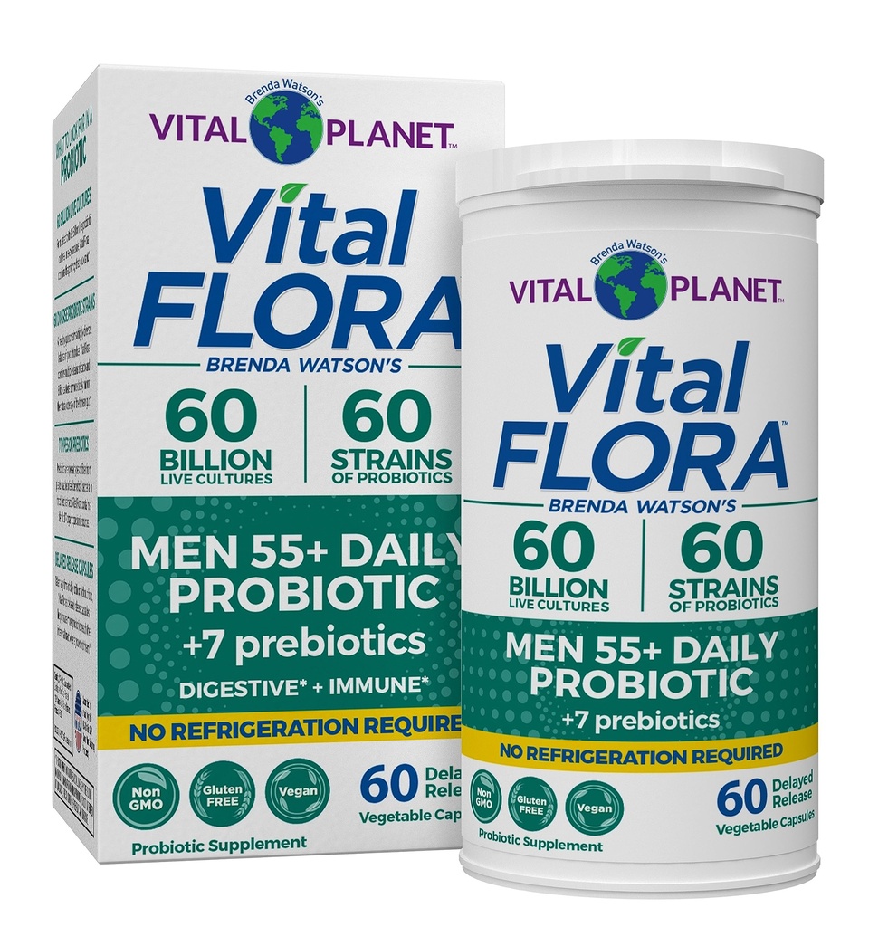 Planeta Vital - Homens Flora Vital Mais de 55 Probiótico diário, 60 bilhões de UFC, Deformações Diversas, Prebióticos Orgânicos, Suporte Imune, Prateleira Digestiva de Saúde Probióticos Estáveis para Homens, 60 Cápsulas
