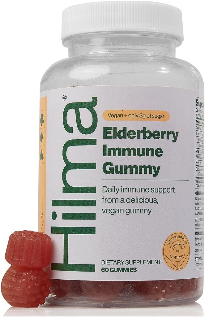 Hilma Elderberry Gummies Formulado com Vitamina C & Zinco, Natural, Vegan, Ingredientes clinicamente comprovados, Suplemento de suporte imunológico mais antioxidantes,Natural Berry Flavor (60 Gummies)