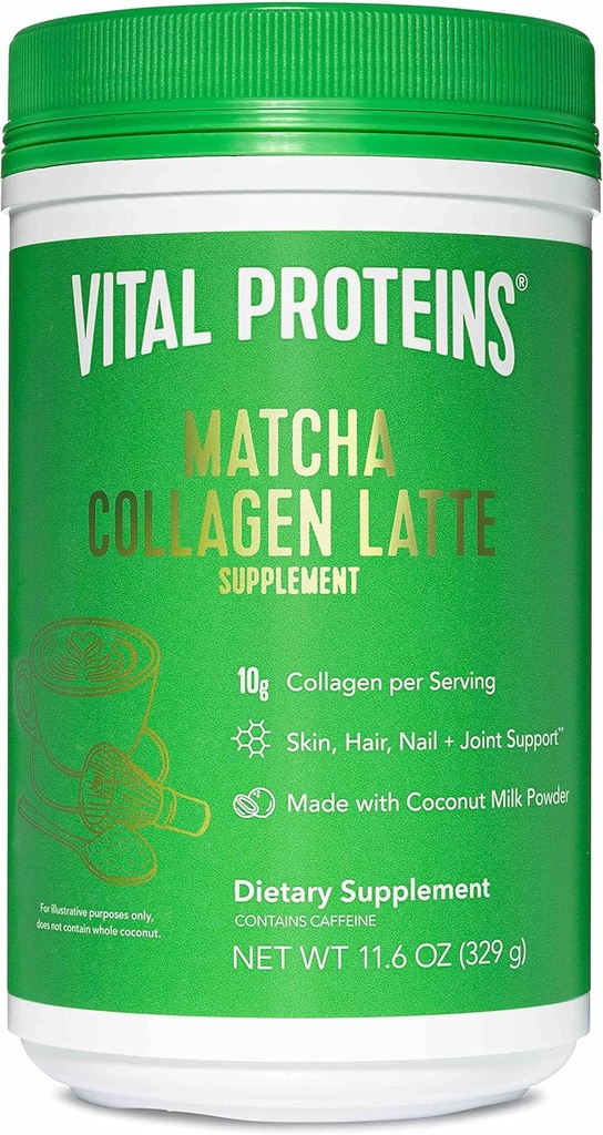 Proteínas Vitais Matcha Lattes, Matcha Green Tea Collagen Latte Powder, L-Theanina & Cafeína & MCTs - Suportando cabelos saudáveis, pele, unhas - original