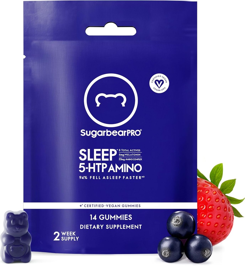 AçúcarBearPro dormir Gummy 14 dias de abastecimento, Melatonina de força extra 6mg, para homens e mulheres, Vitamina Vegan B6, L-Theanina, 5 HTP, Valerian, Ajuda ao sono para adultos e adolescentes, Kosher certificado