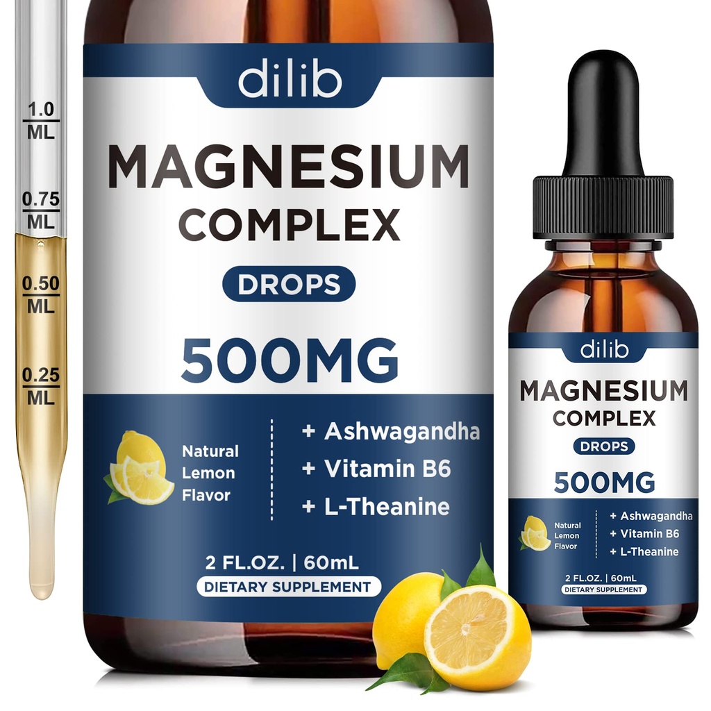 Gotas Líquidas de Glicenato de Magnésio, Triplo Suplemento Complexo de Magnésio com Citrato, Malate 500mg Ashwagandha, L-Teanina, Vitamina B6 para Sono, Calmo, Alívio de Stress, Osso, Músculo, Humor - Limão Flavor