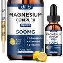 Gotas Líquidas de Glicenato de Magnésio, Triplo Suplemento Complexo de Magnésio com Citrato, Malate 500mg Ashwagandha, L-Teanina, Vitamina B6 para Sono, Calmo, Alívio de Stress, Osso, Músculo, Humor - Limão Flavor