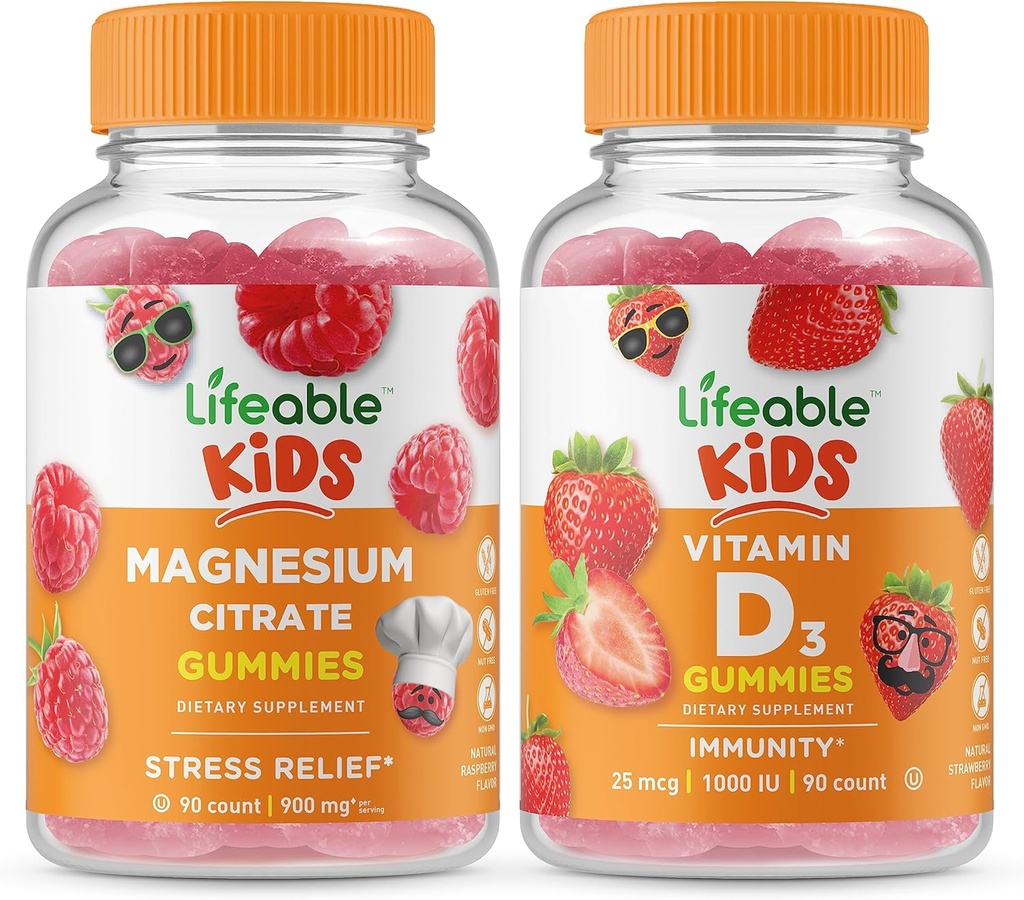 Crianças com magnésio vitalício + Vitamina D Crianças, Gummies Bundle - Grande degustação, Suplemento Vitamina, Sem glúten, GMO Grátis, Gummy mastigável