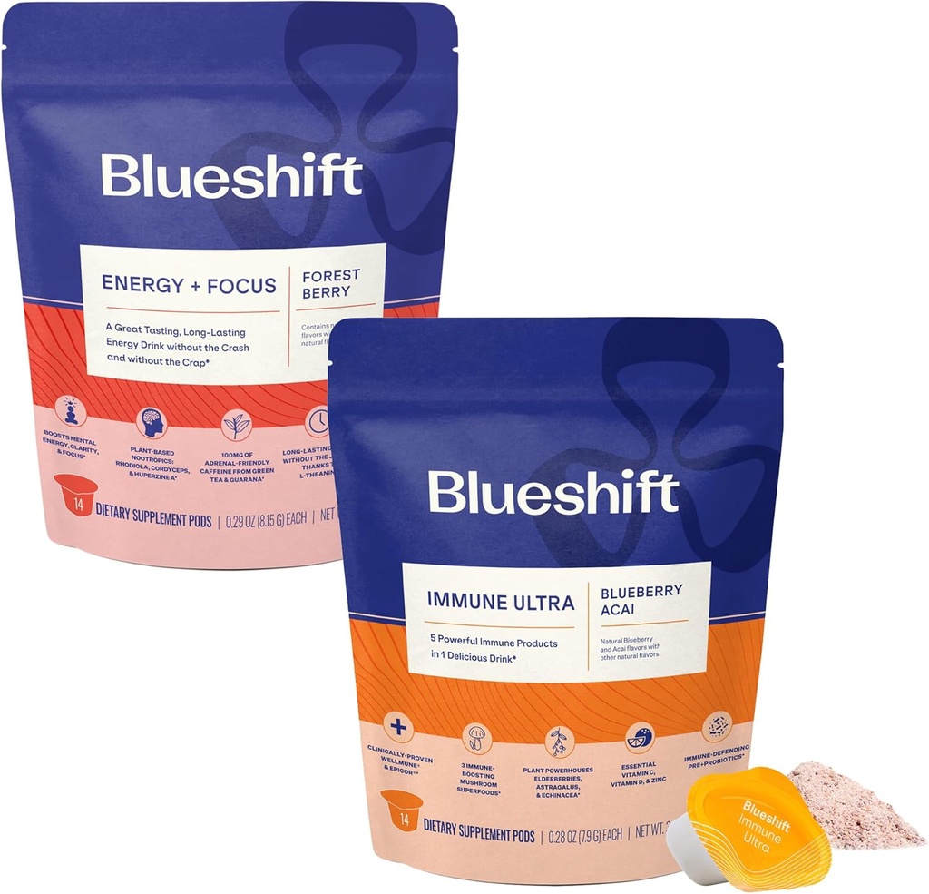 Blueshift Energia + Foco e Imune Ultra Bundle - Pods de bebida energética, Pó de suporte imunológico, Misturas de bebida para energia e defesa imunológica, Suplemento Vitamina - Energia+Foco (14 Pack) e Imune Ultra (14 Pack)