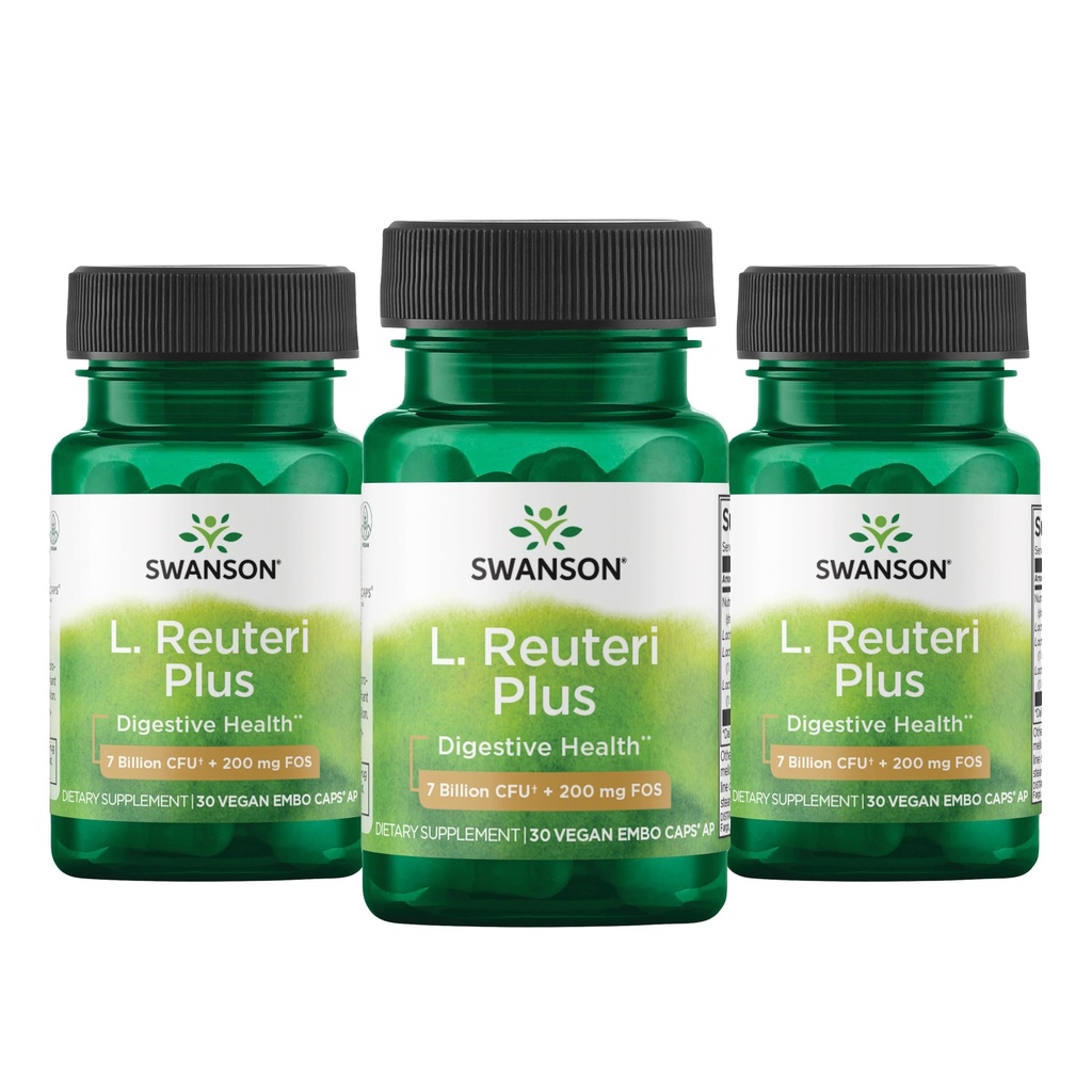 Swanson L. Reuteri Probiotic Plus w/L. Rhamnosus L. Acidophilus & FOS Suporte Digestivo Prebiótico - Promove Gut Health w/ 7 Bilhões UFC por cápsula - (30 Cápsulas Veggie) (3 Embalagem)