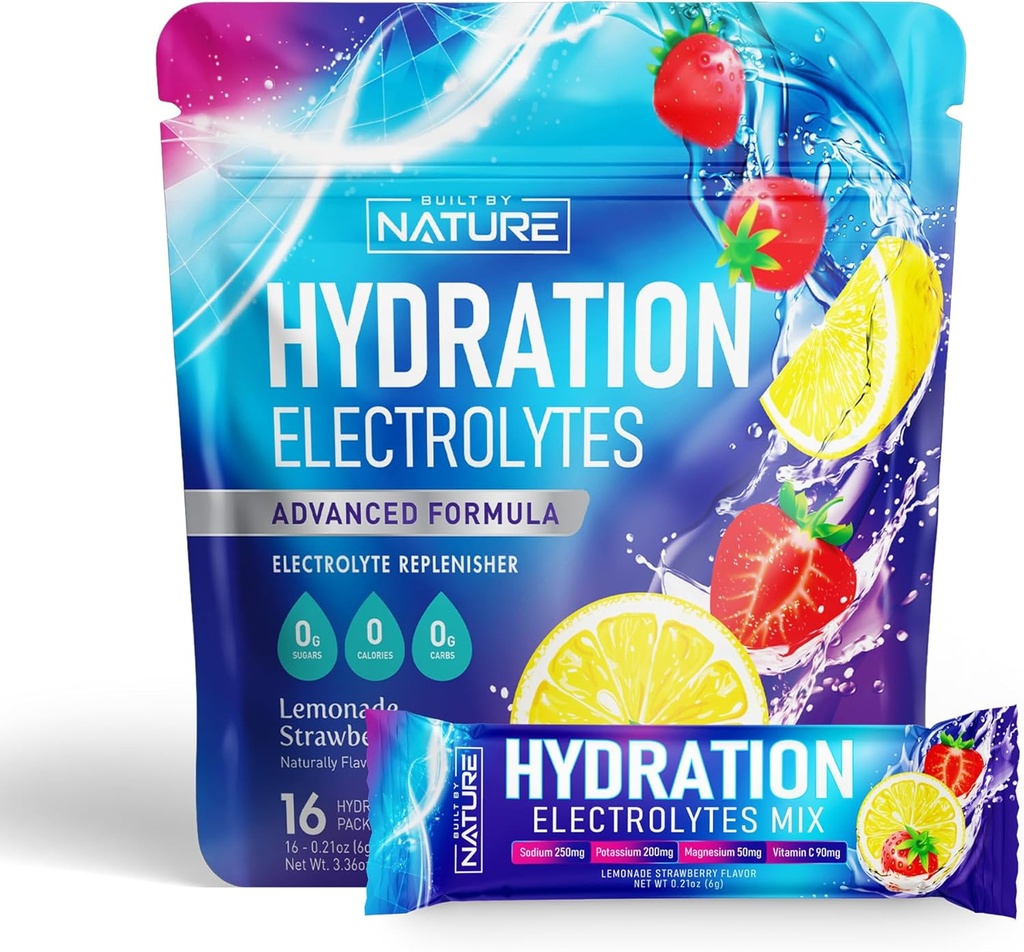 Eletrólitos em pó Hydration Packets – Recuperação Drink Mix com sódio, Potássio, Magnésio, Cálcio, Vitamina C & Zinco – Açúcar Livre, Keto, Não GMO & Vegan – Limonada de morango – 16 Sticks