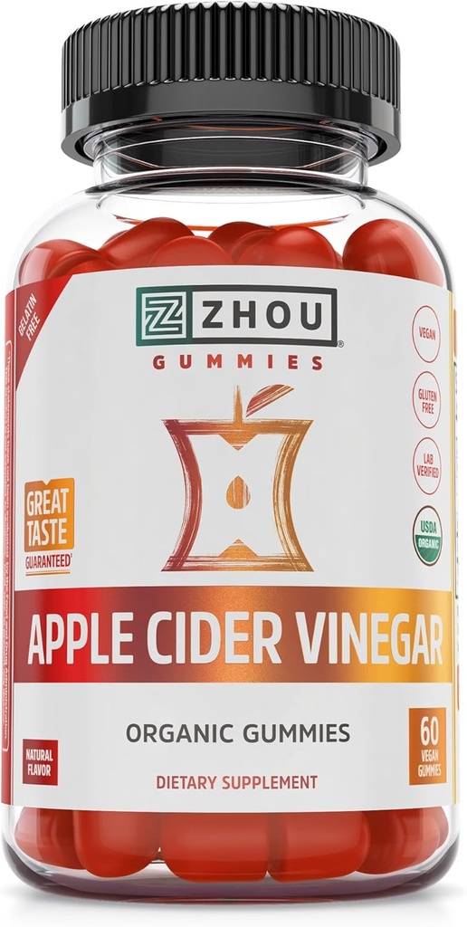 Zhou Apple Cider Vinagre Gummies - ACV Gummies para mulheres e homens com Elderberry, Delicious Taste com açúcar de cana cru, USDA Orgânico - 60 Gummies Vegan