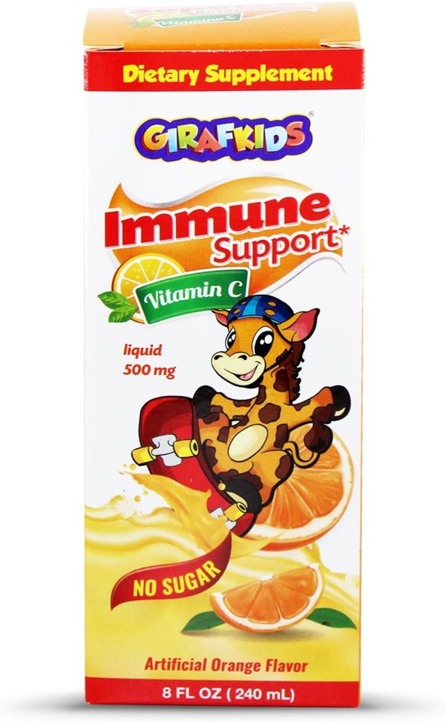GirafKids Líquido Vitamina C para Crianças Idades 4+ 8 Fl Oz, 500mg □ Fórmula Sem Açúcar com Ingredientes Seguros e Premium □ Delicioso sabor laranja □ Immune Support & Energy Boost