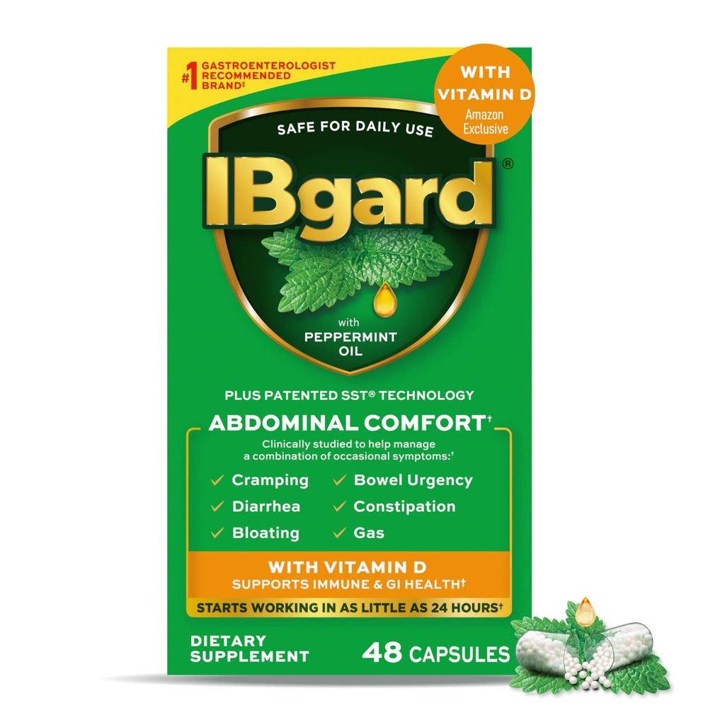IBgard com vitamina D, cápsulas de óleo de hortelã, Suporta Imune e GI Saúde, 48 Cápsulas (Exclusiva)