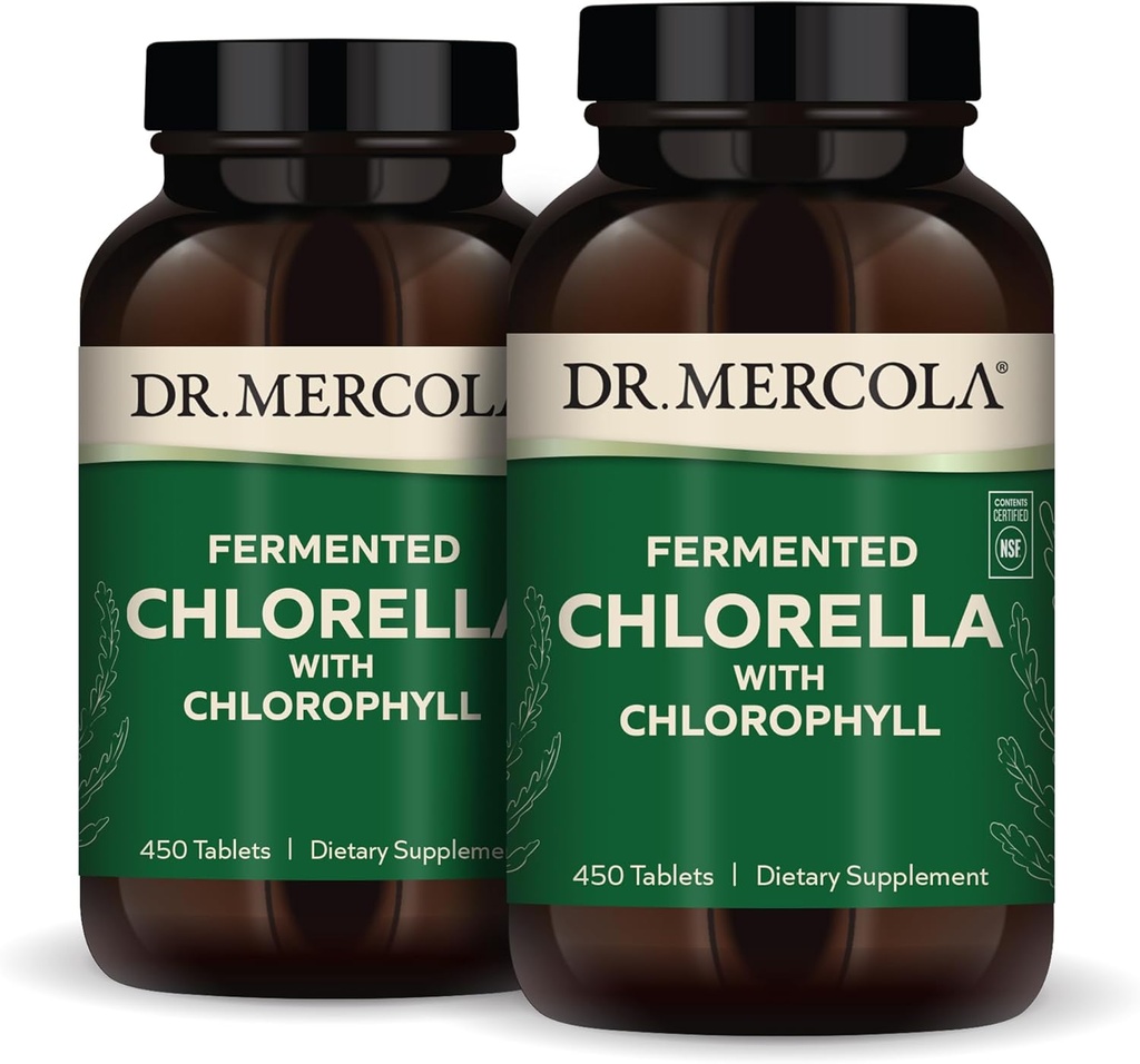 Dr. Mercola chlorela fermentado com clorofila, 90 Servings (450 Comprimidos), 2 Garrafas, Suplemento dietético, Suporta Imune e Saúde dos Órgãos, Não OGM, NSF Certified