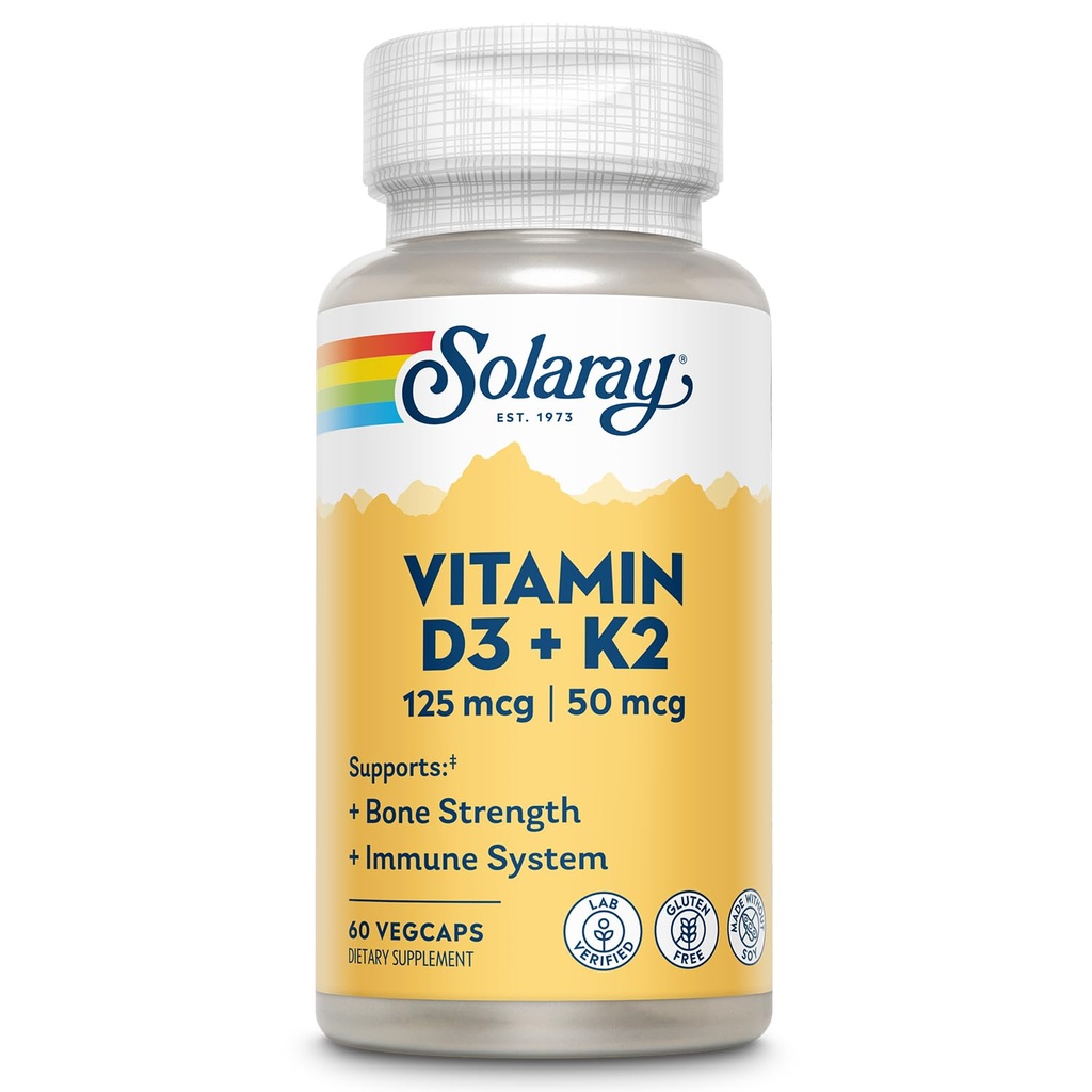 SOLARAY Vitamina D3 K2 - Suplemento de suporte ósseo e imunológico - com 5000 UI Vitamina D como VIT D3 e 50 mcg Vitamina K2 como Menoquinona MK7, Made Without Soy, 60-Day Guarantee, 60 Serv, 60 VegCaps