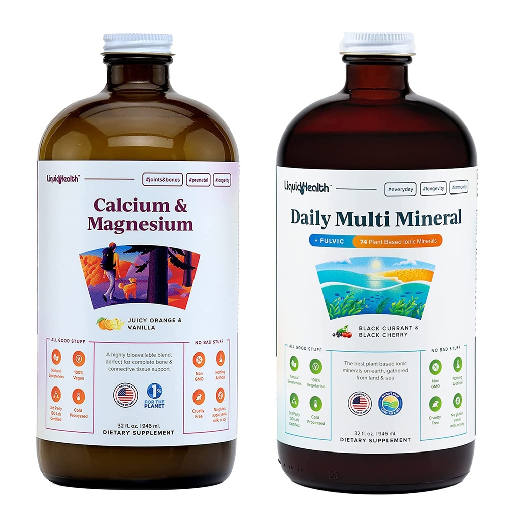 LIQUIDHEALTH cálcio magnésio vitaminas e diários multi minerais pacote de suplementos líquidos para adultos - sistema imunológico, osso e suporte conjunto, melhorar a mobilidade, aumentar a energia - Vegan, Não-GMO, EUA Made