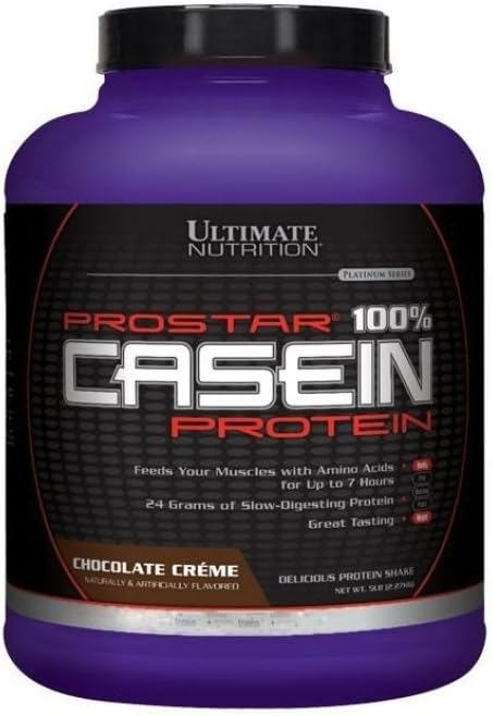 Ultimate Nutrition Prostar Micellar and Hydrolyzed Casein Protein Powder - Fat Free Overnight Crescimento muscular e recuperação com BCAAs, 5 Libras, Chocolate