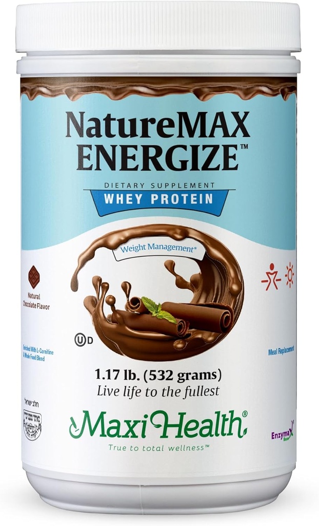NatureMax EnergizeTM Whey Protein Powder- Energia Suporte Reposição de Refeição - 20g Protein Per Serving - Natural Chocolate Flavor - Kosher Dairy Vitamina - 1,17lb