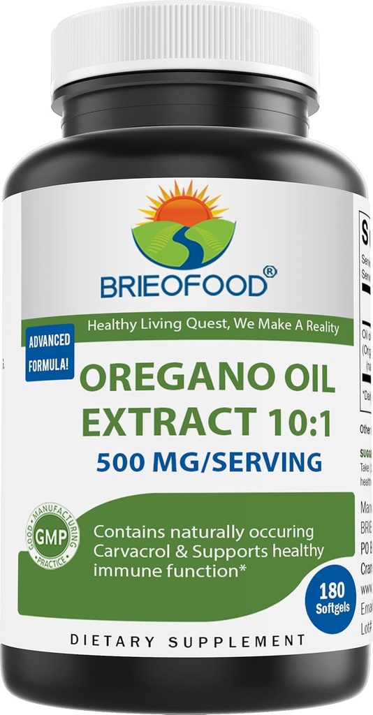 Óleo de Orégano de Brieofood 10:1 Extrato 500 mg por serviço - Contém naturalmente Carvacrol - Função Imune saudável - 180 Softgels
