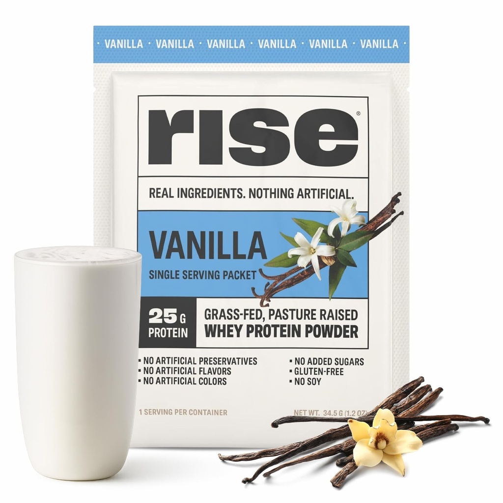 Rise Grass-Fed Whey Protein Powder - Vanilla 25g Protein No Artificial Flavors, Cores, ou Conservatives - Livre de açúcar, sem glúten, sem soja (Single Serving, 1 pacote)