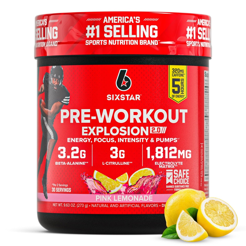 Pó pré-treino de seis estrelas para homens e mulheres, limonada rosa (30 servões) - Pré-treinamento Explosion 2.0 Energia bebida em pó Misture com Beta-Alanine & Cafeína - Sports Nutrition Supplement Products