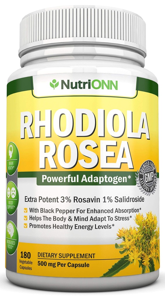 Rhodiola Rosea - 500mg - 180 Cápsulas Vegan - 3% Rosavin 1% Salidroside Extract - Não-GMO - com pimenta preta para absorção melhorada - 6 Mês de Abastecimento - Suplemento de Energia e Estamina