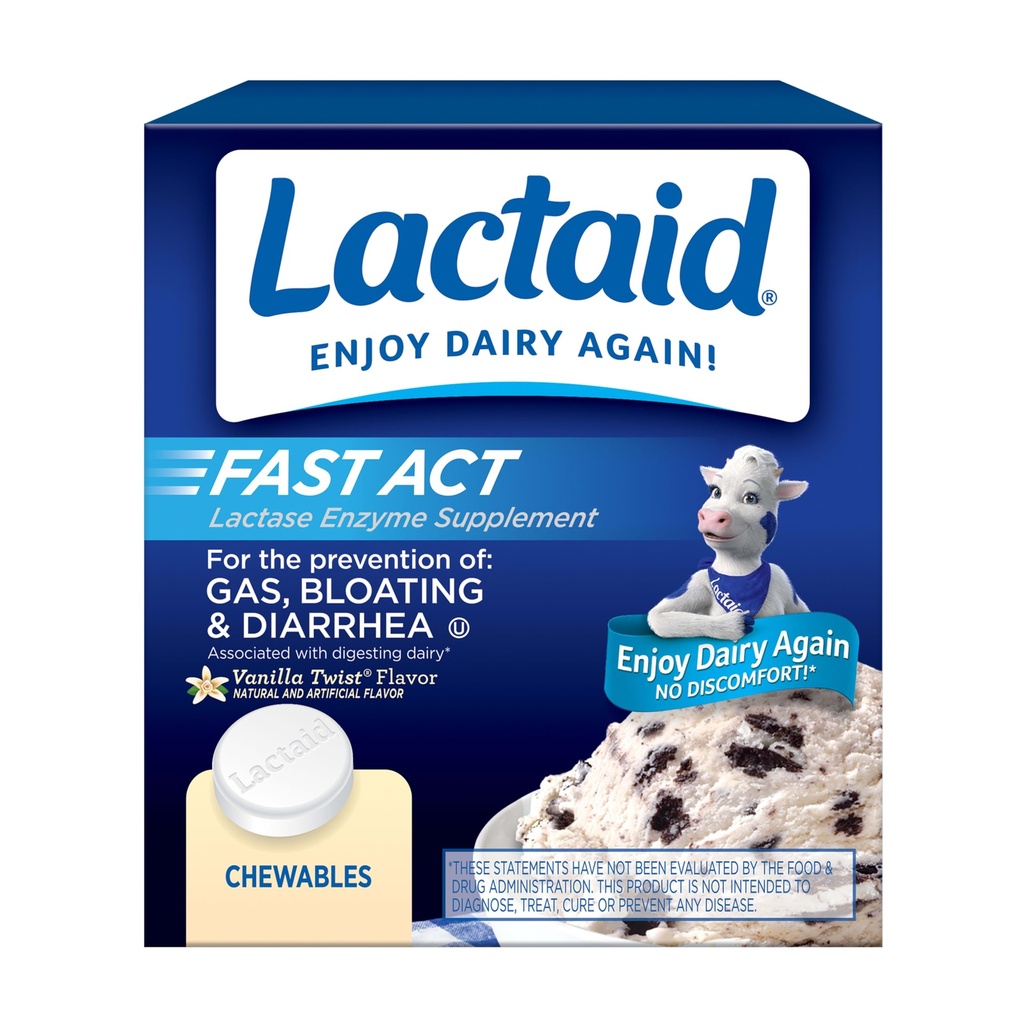 Lactaid Fast Act Lactose Intolerância Mastigações de alívio com lactase natural Enzima para prevenir gás, inchaço e diarreia Devido à sensibilidade à lactose, em andamento, Vanilla Twist Flavor, 60 x 1 ct