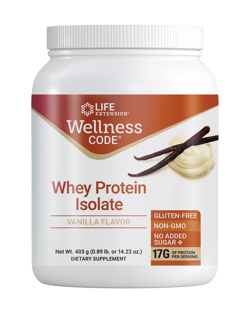 Life Extension Wellness Code® Whey Protein Isolate (Vanilla), Protein and ramificated-Chain Amino acids for Muscle Growth & Imune Health, no Sugar Added, Gluten Free, Non-GMO, 403 Grams (20 Servings)