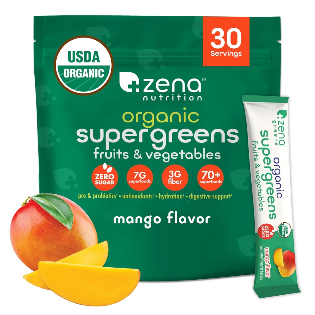Zena Nutrition Orgânico Super Verdes Pó, 70+ Superalimentos, 0 Açúcar, Fibra 3G, espirulina, chlorela, cogumelos, prebióticos/probióticos, enzimas digestivas para Gut Health, Mango, 30 pacotes de mistura de bebida