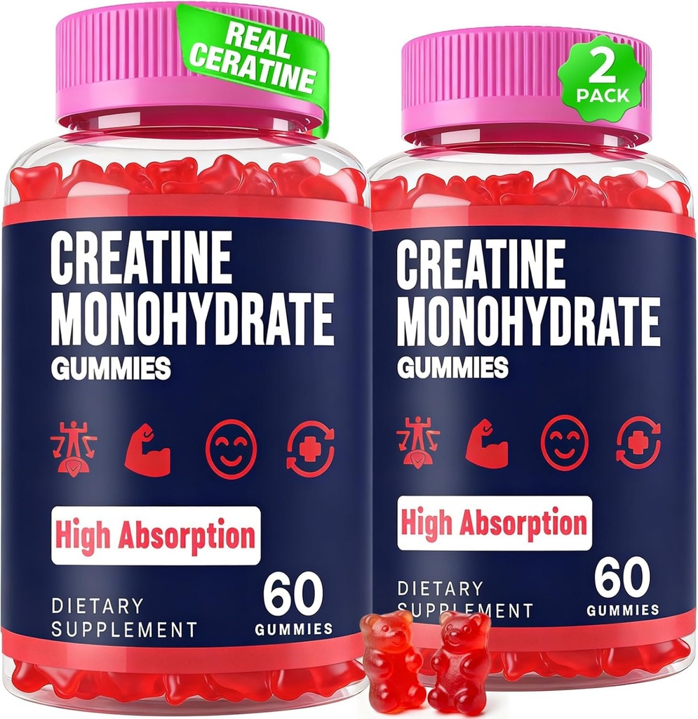 Creatina Gummies mono-hidratada para Mulheres e Homens, Taurina e B6, Creatina mastigável pré-treino Gummies para Max força & crescimento muscular, energia, resistência, creatina para homens e mulheres - 2 garrafas