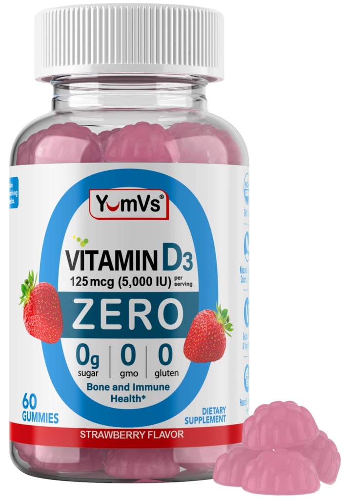 Yum-Vs - Vitamina D3 Gummies com açúcar zero para adultos e crianças (125 mcg - 60 Count) - Açúcar grátis Vitamina D Gummies - Vitaminas vegetarianas Gummy Vitaminas para suporte ósseo e saúde imunológica - Vit D3 Vitamina mastigável