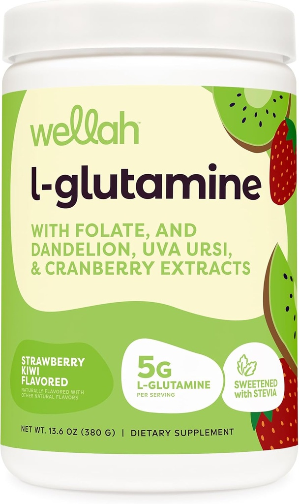 Wellah L-Glutamina pó de morango Kiwi (50 Servings) - 5g L-Glutamina por serviço, adoçado com Stevia