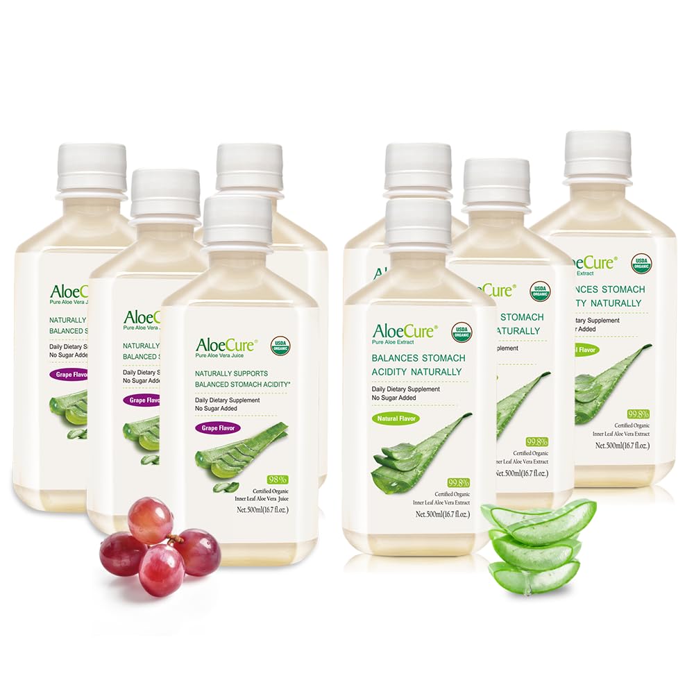 AloeCure Orgânico Aloe Vera Juice - 8 pacote de amostras de garrafa - uva e sabor natural, 8x500ml