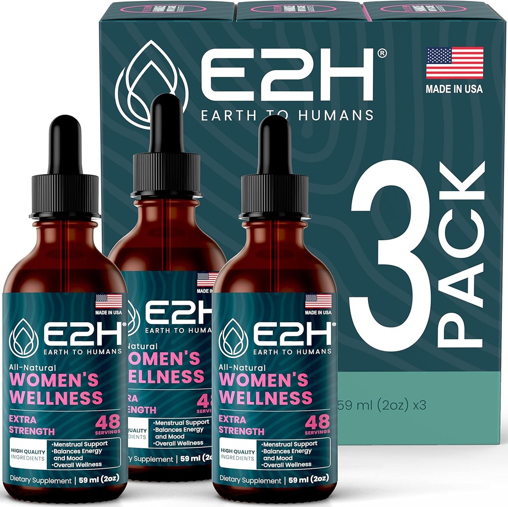 E2H Todo o bem-estar natural das mulheres, equilíbrio hormonal e alívio de PMS com preto Cohosh, Dong Quai e raiz de alcaçuz para alívio de flash quente (3 garrafas)