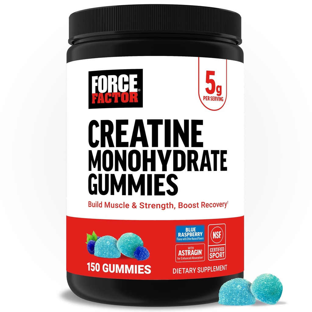 Fator de força Creatina Gummies mono-hidratada, NSF Certified, 5g de dose para homens e mulheres para apoiar o músculo, força, recuperação, saúde cognitiva e memória, embalagem pode Vary, framboesa azul, 150 gomas
