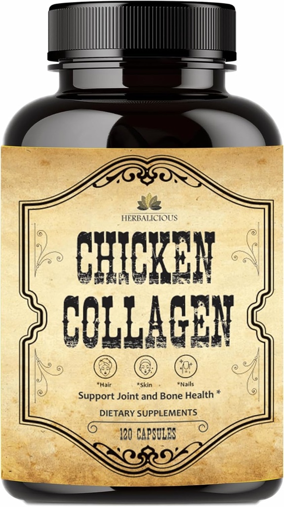 Cápsulas de Colágeno de Frango HERBALICIOUS – Suplemento de Colágeno para Articulação, Pele e Apoio Ósseo – Peptídeos de Colágeno Hidrolisado de Caldo de Osso de Frango – Não-GMO, Antienvelhecimento – 120 Cápsulas