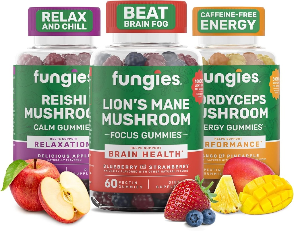 Fungies Cogumelo Gummy 3-Pack Bundle, Mana de Leão, Cordyceps & Reishi Gummies para Adultos - Cogumelos Gummies Suporta Saúde do Cérebro, Gut Health, Energia e Bem-Estar Diário - 180 Servings