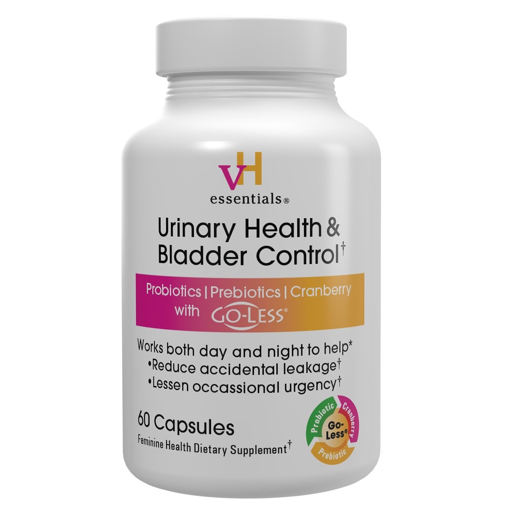 vH essencial Saúde urinária & Controle de bexiga, Extrato de cranberry, Prebióticos e Probióticos, Suporte à saúde feminino de 24 horas, Reduz vazamento ocasional, Suporta Saúde vaginal, 60 Cápsulas