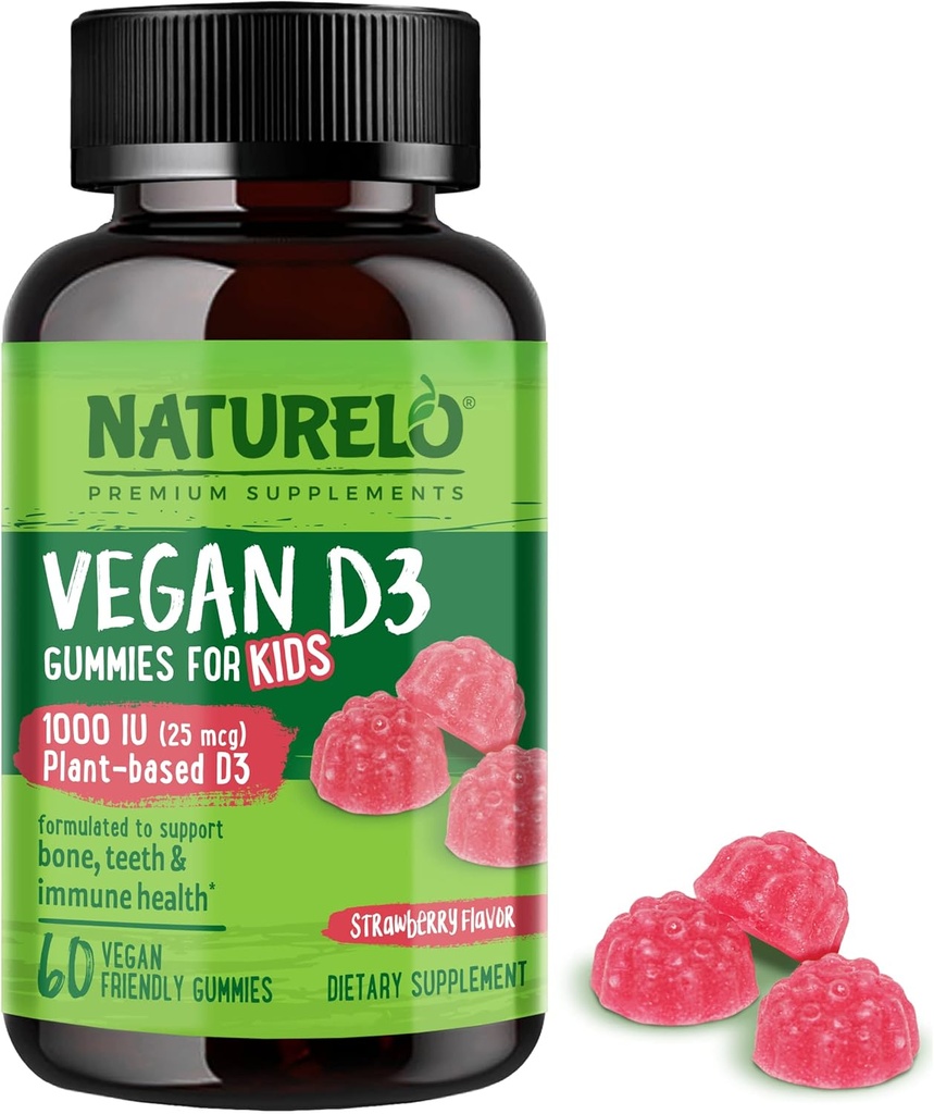 NATURELO Vegan D3 Gummies para Crianças - 1000 UI Vitamina D3 - Vegetal-baseado inteiro Suplemento Alimentar para Crianças 4 e Mais velhos - 60 Vegan-Amigo Gummies