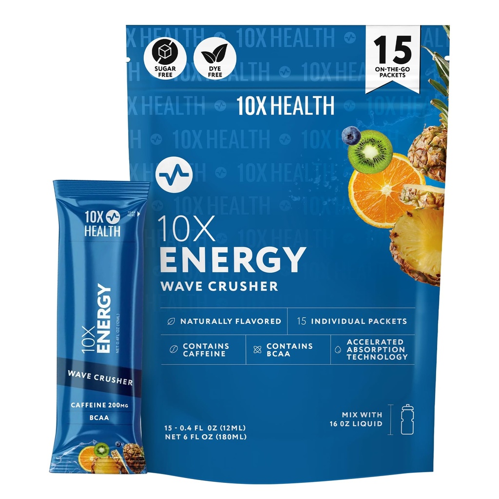 10X Saúde - Energy Wave Crusher - Energy Drink with 200mg Caffeine, BCAAs, B Vitaminas, Absorção Acelerada - Tropical Punch Bebida Pré-Trabalho - 15 Drink Mix Packets (Wave Crusher - Energia)