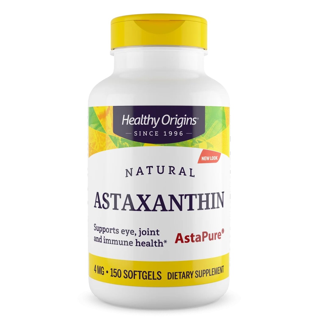 Origem saudável Astaxantina 4 mg (Natural, Astapura, Não-GMO, Glúten Livre, Suporte ocular, Suporte Conjunto, Suporte Imune), 150 Softgels