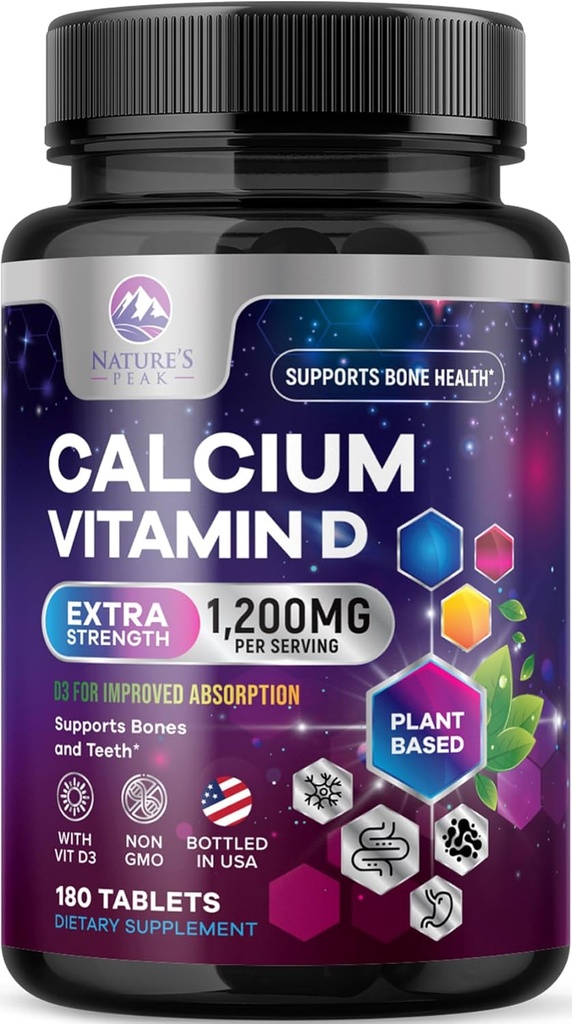 Cálcio 1200 mg com Vitamina D3, Suplemento de Cálcio Vitaminas, Osso, Dentes e Imune Apoio à Saúde, Suplementos de Cálcio com D para Mulheres e Homens, Carbonato de Cálcio Absorvível da Natureza - 180 comprimidos