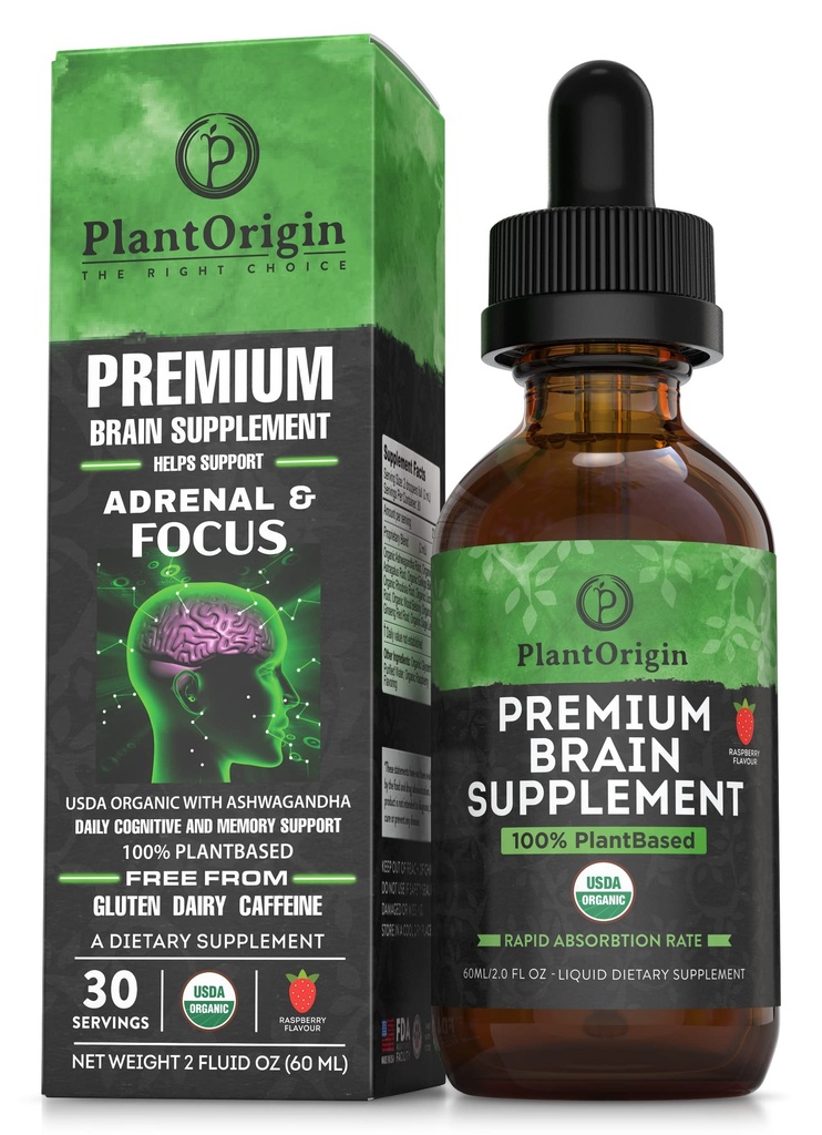 PLANTORIGIN-USDA suplemento orgânico líquido do cérebro – Drops nootrópicos com base em plantas para foco, memória e clareza mental – Vegan, Não-GMO, Cafeína-livre, Ashwagandha, Ginseng, Ginkgo, Rhodiola – Made in USA