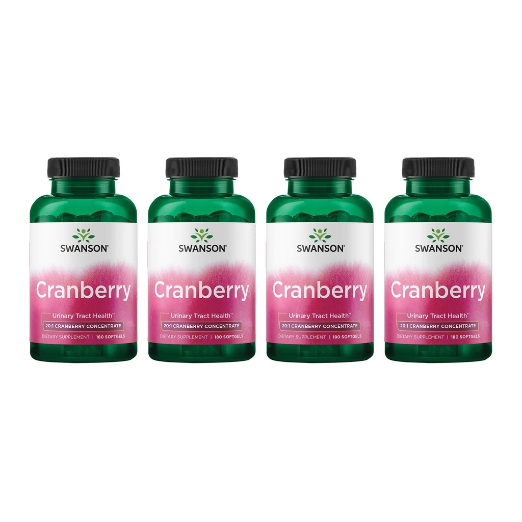 Swanson Cranberry - Suporta a saúde do trato urinário, controle da bexiga e promove a função saudável do rim - Suplemento feito com 20:1 Cranberry Juice Concentrate - (180 Softgels) 4 Pack