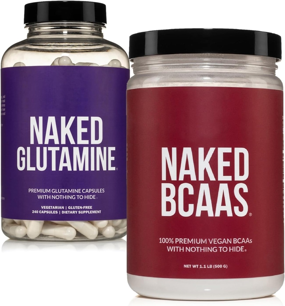 NAKED BCAAs sem sabor 100 Sevings + Pure L-Glutamina 240 Cápsulas Pacote: Não-GMO, Sem glúten, Recuperação muscular, Nada Artificial