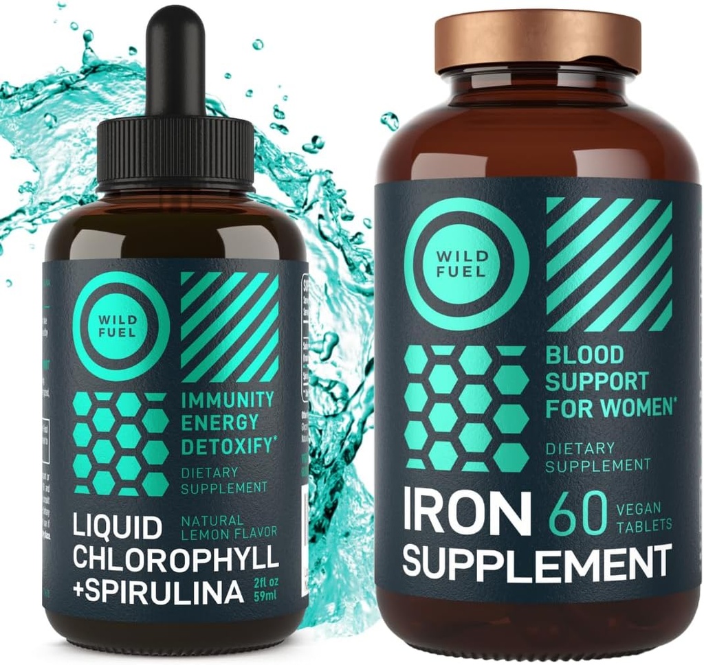 Comprimidos de ferro WILD FUEL para mulheres com ácido fólico e clorofila líquida com espirulina Saúde feminina e Detox Bundle